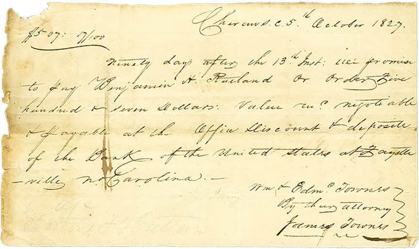 1827 | 507 Dollar Promissory Note, Bank of the United States, Fayetteville, NC